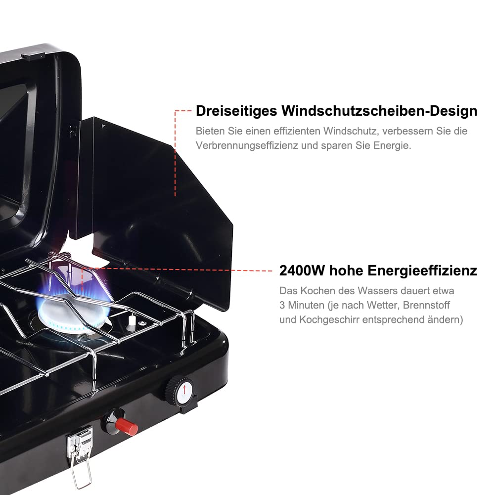 Camplux JK-8620-DE Tragbarer 2-Flammiger Campingkocher, 50 mbar, 2400 W