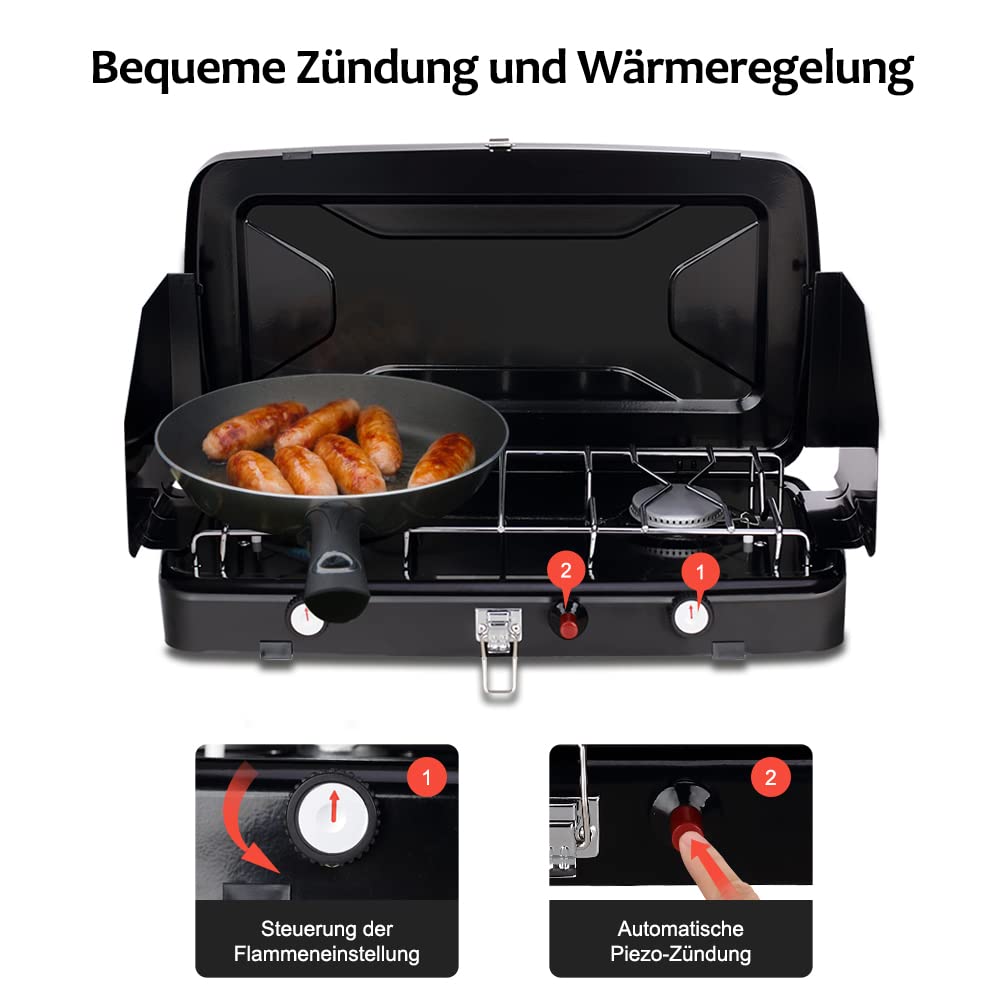 Camplux JK-8620-DE Tragbarer 2-Flammiger Campingkocher, 50 mbar, 2400 W