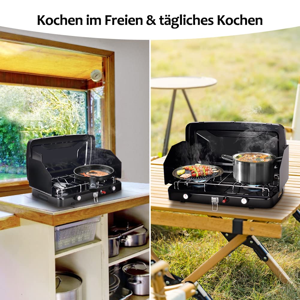 Camplux JK-8620-DE Tragbarer 2-Flammiger Campingkocher, 50 mbar, 2400 W