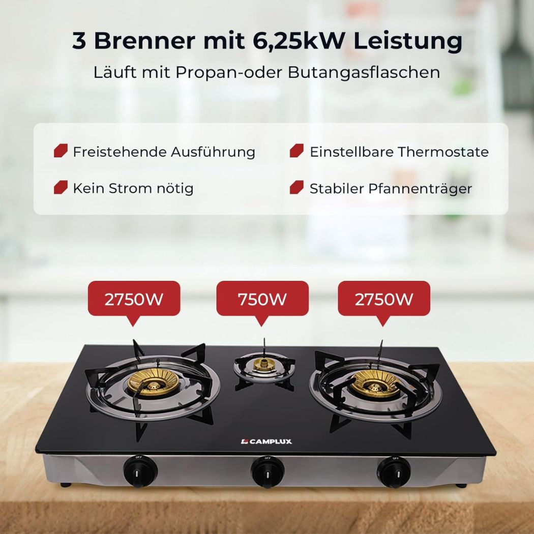 Camplux TC03GB 3-Flammiges Gaskochfeld