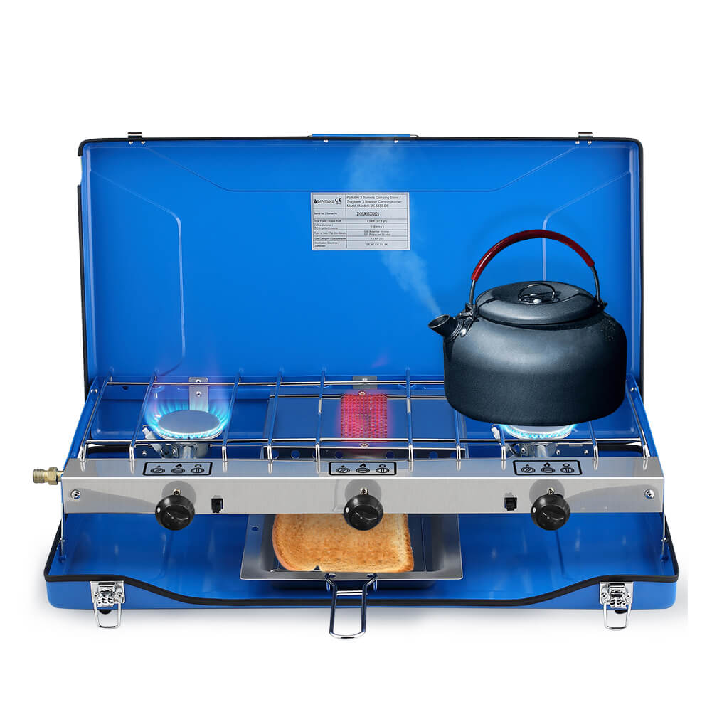 Réchaud de camping Camplux avec 3 brûleurs, coupe-vent, portable pour l'extérieur et le camping