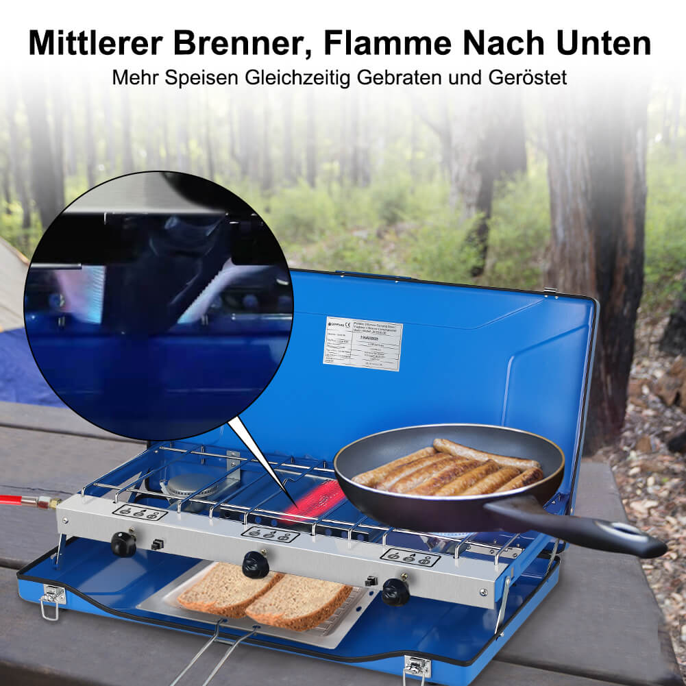 Réchaud de camping Camplux avec 3 brûleurs, coupe-vent, portable pour l'extérieur et le camping