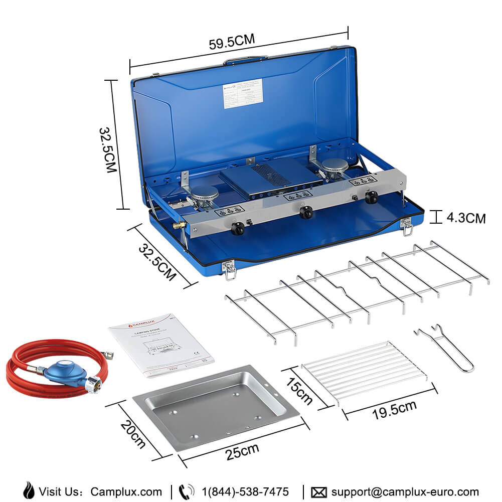 Réchaud de camping Camplux avec 3 brûleurs, coupe-vent, portable pour l'extérieur et le camping