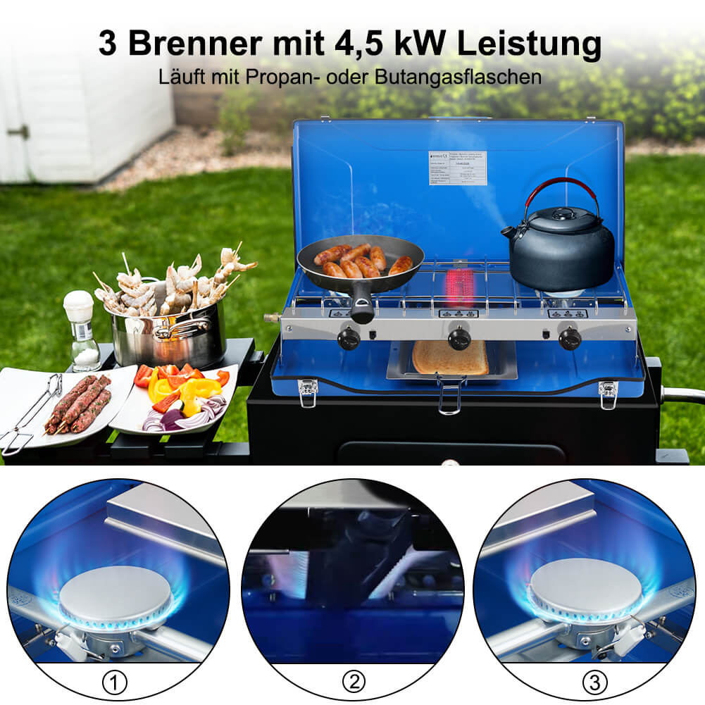 Réchaud de camping Camplux avec 3 brûleurs, coupe-vent, portable pour l'extérieur et le camping