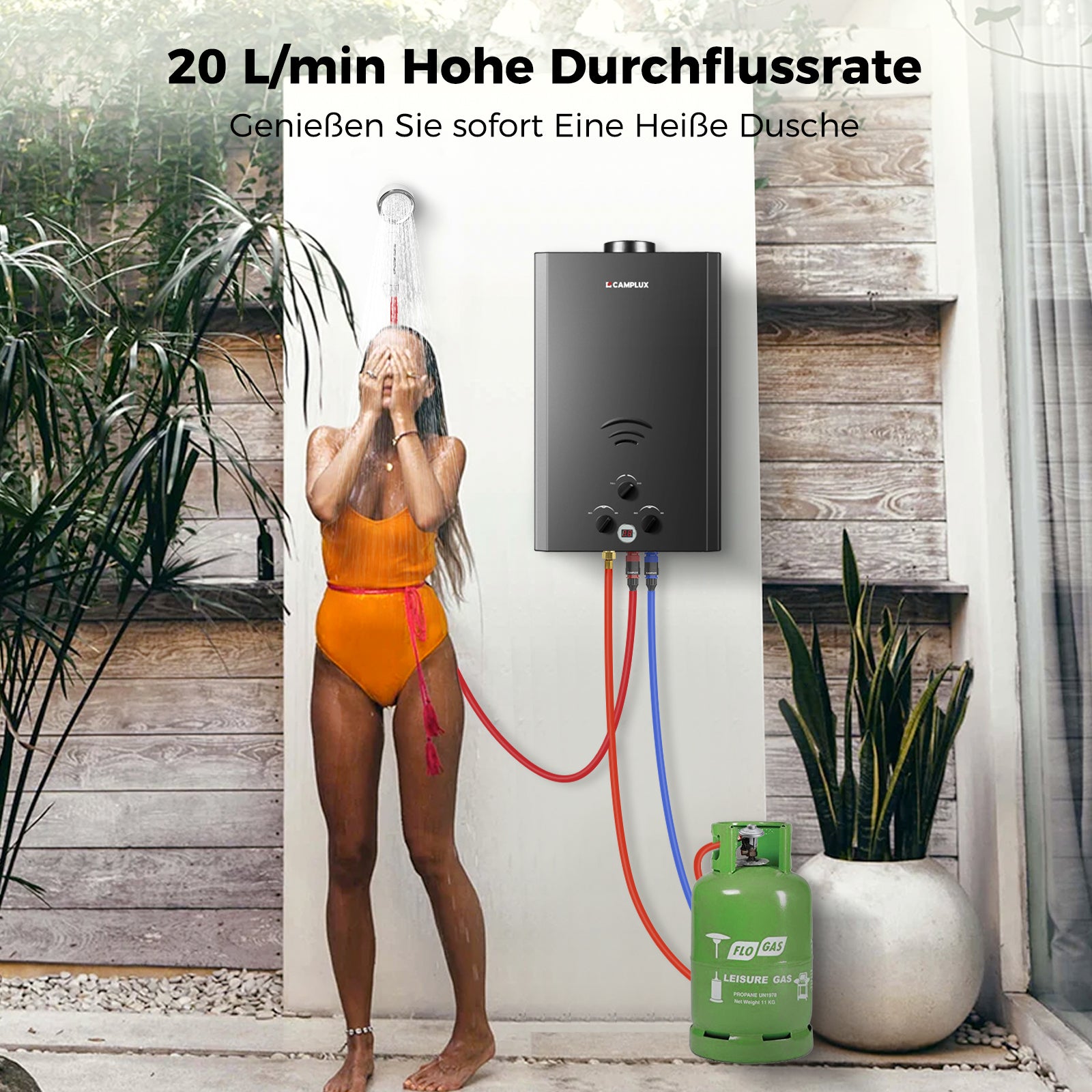 Propangas Gasdurchlauferhitzer 20L für Gartendusche Außendusche Wohnmobil