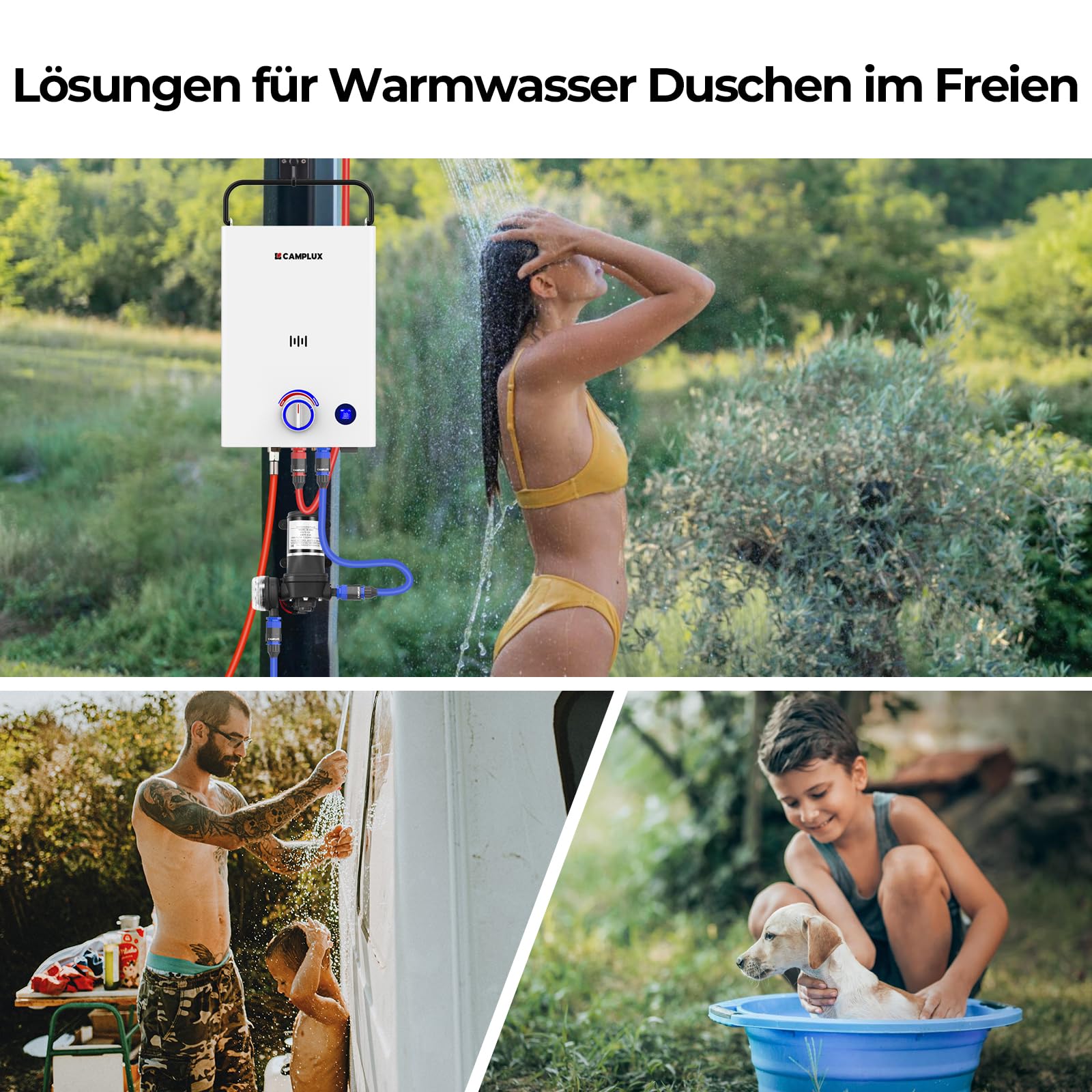 CAMPLUX F10 PRO Die Erste Serie Tragbarer Gasdurchlauferhitzer, 10 L Warmwasser mit 12V-Pumpe