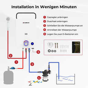 CAMPLUX F10 PRO Die Erste Serie Tragbarer Gasdurchlauferhitzer, 10 L Warmwasser mit 12V-Pumpe