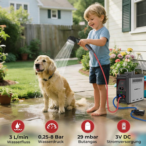 Gas-Durchlauferhitzer mit Wasserpumpe, 3 l/min, 28–30 mbar – Mobile Warmwasserquelle für Wohnmobil, Outdoor & Camping