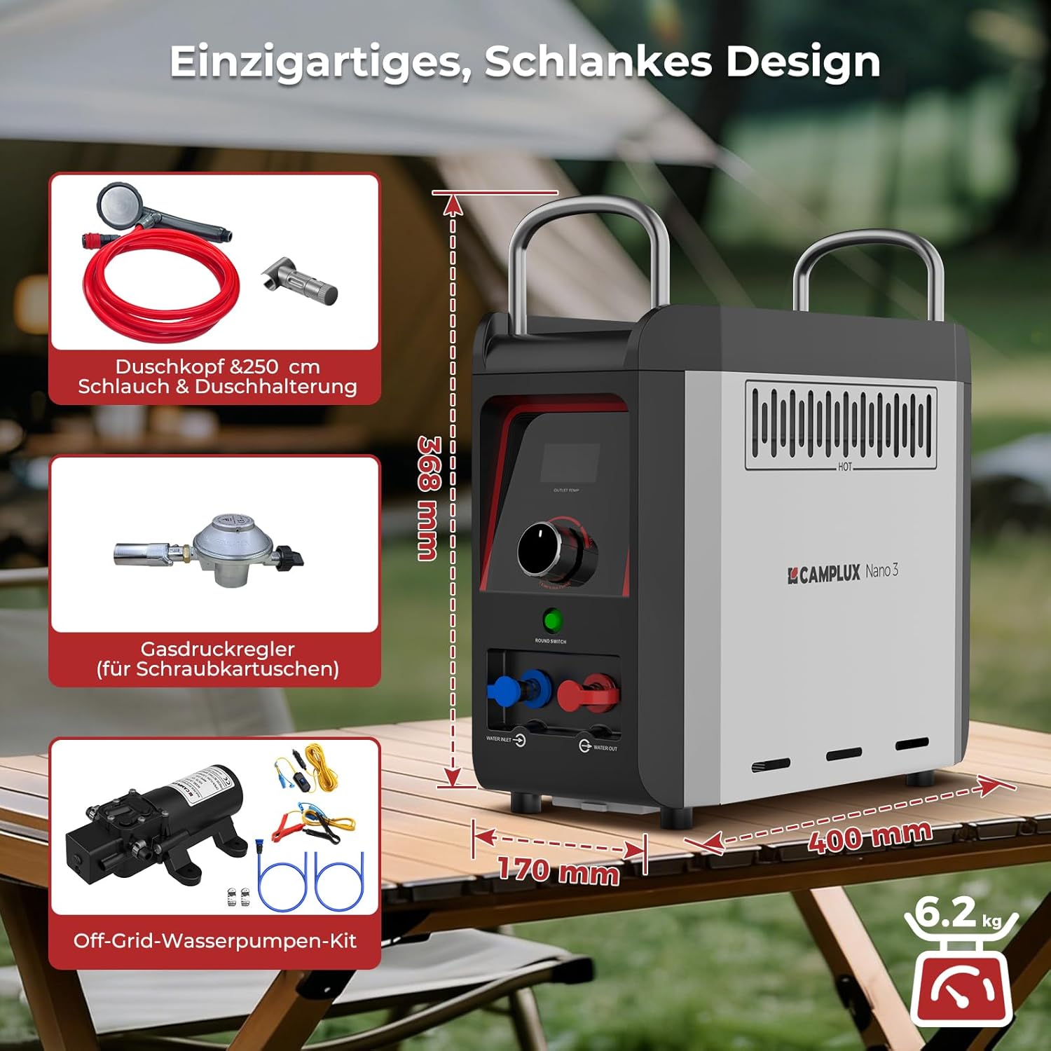 Gas-Durchlauferhitzer mit Wasserpumpe, 3 l/min, 28–30 mbar – Mobile Warmwasserquelle für Wohnmobil, Outdoor & Camping