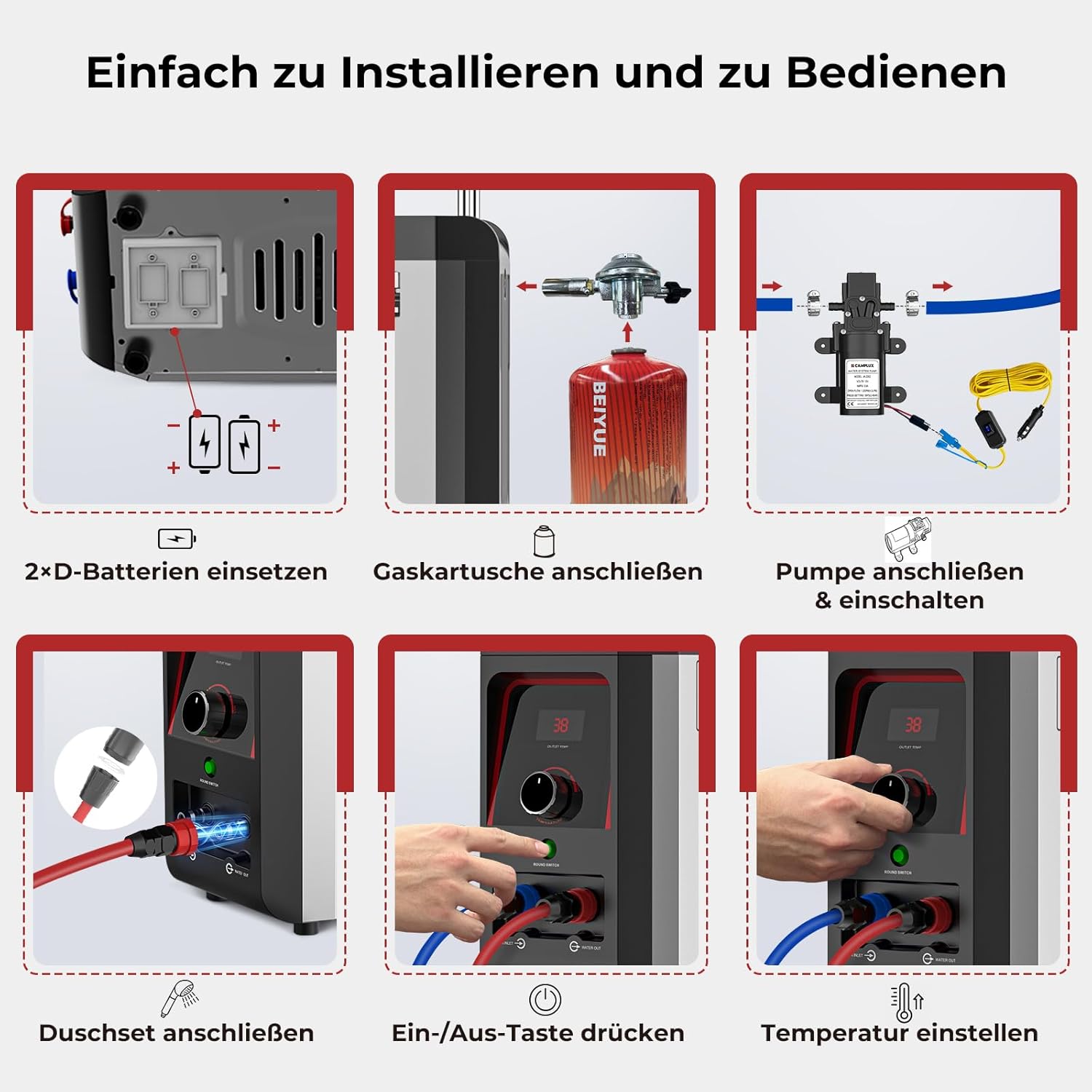 Gas-Durchlauferhitzer mit Wasserpumpe, 3 l/min, 28–30 mbar – Mobile Warmwasserquelle für Wohnmobil, Outdoor & Camping