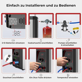 Gas-Durchlauferhitzer mit Wasserpumpe, 3 l/min, 28–30 mbar – Mobile Warmwasserquelle für Wohnmobil, Outdoor & Camping
