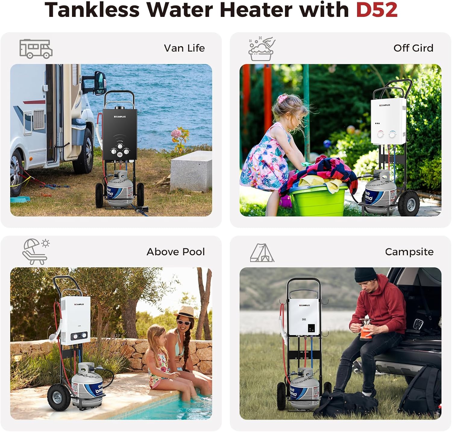 CAMPLUX Mobiler Gasflaschenwagen für Gasdurchlauferhitzer, Schwerlast-Sackkarre aus Stahl mit 26 cm (10”) Pneumatikreifen, Ideal für Camping, Haustierpflege & Außenbereich, D52