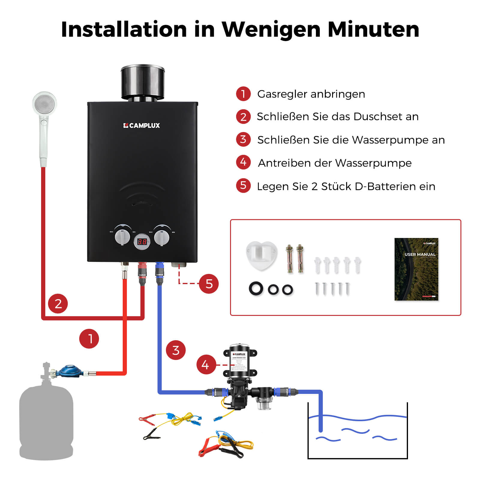 camping gas durchlauferhitzer Camplux 6L Gasdurchlauferhitzer mit 12V Wasserpumpe und Regenhaube
