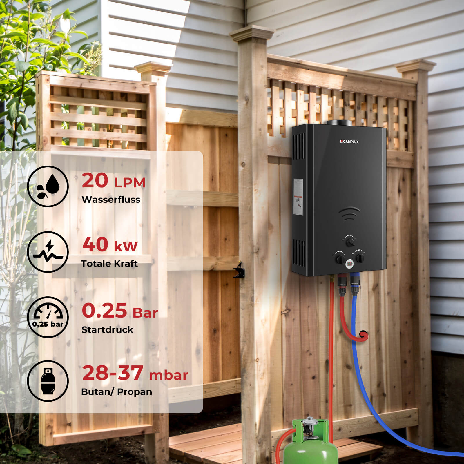 Camplux 20L Gasdurchlauferhitzer BW-Serie für Gartenduschen