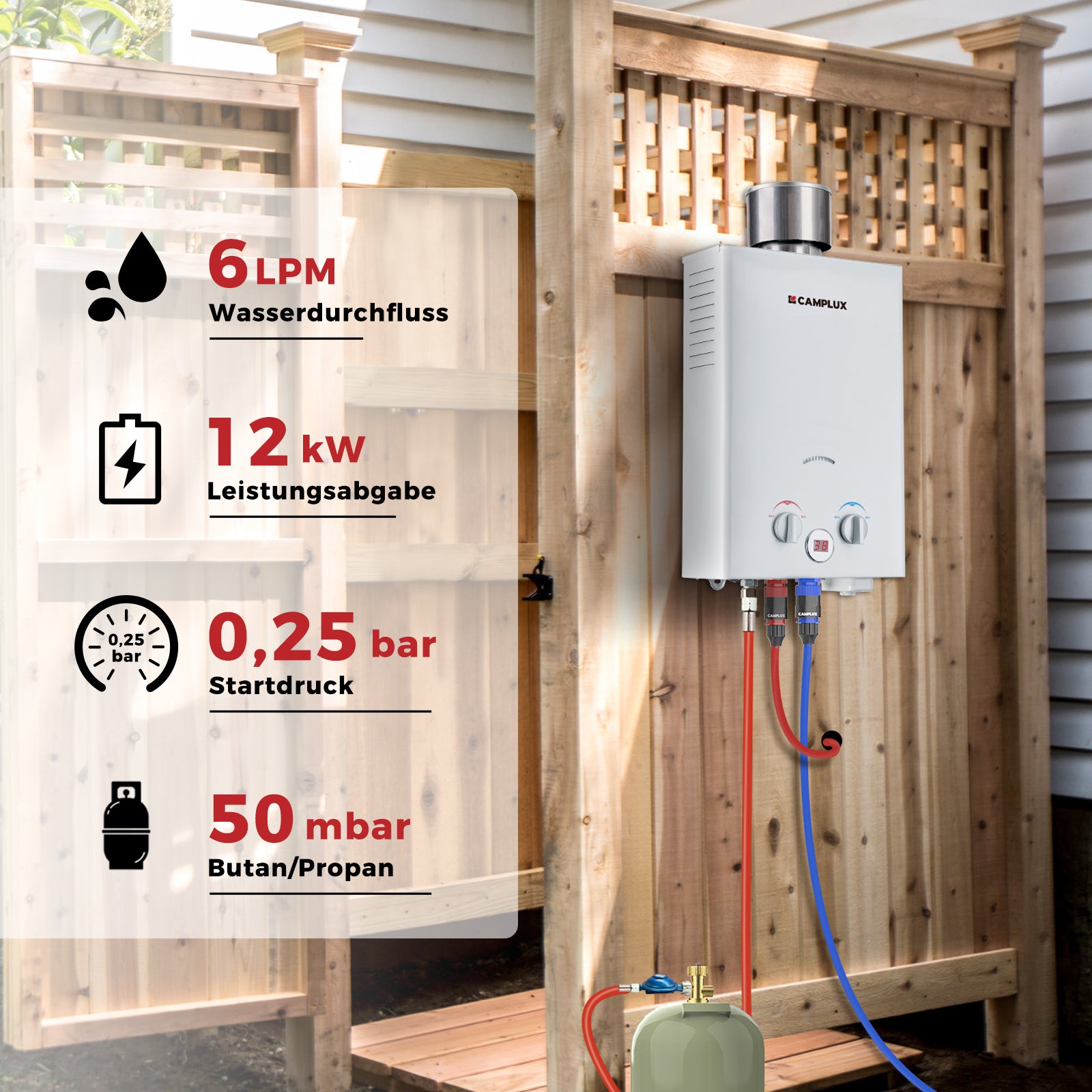 Camplux BW158C Tankless Gasdurchlauferhitzer mit Regenkappe