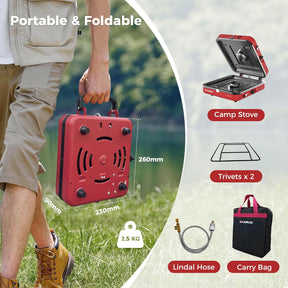 CAMPLUX FoldGo Campingkocher 2 Brenner, tragbarer Gaskocher mit Griff für Schraub-Gaskanister, ideal für Camping, Wandern, Picknick