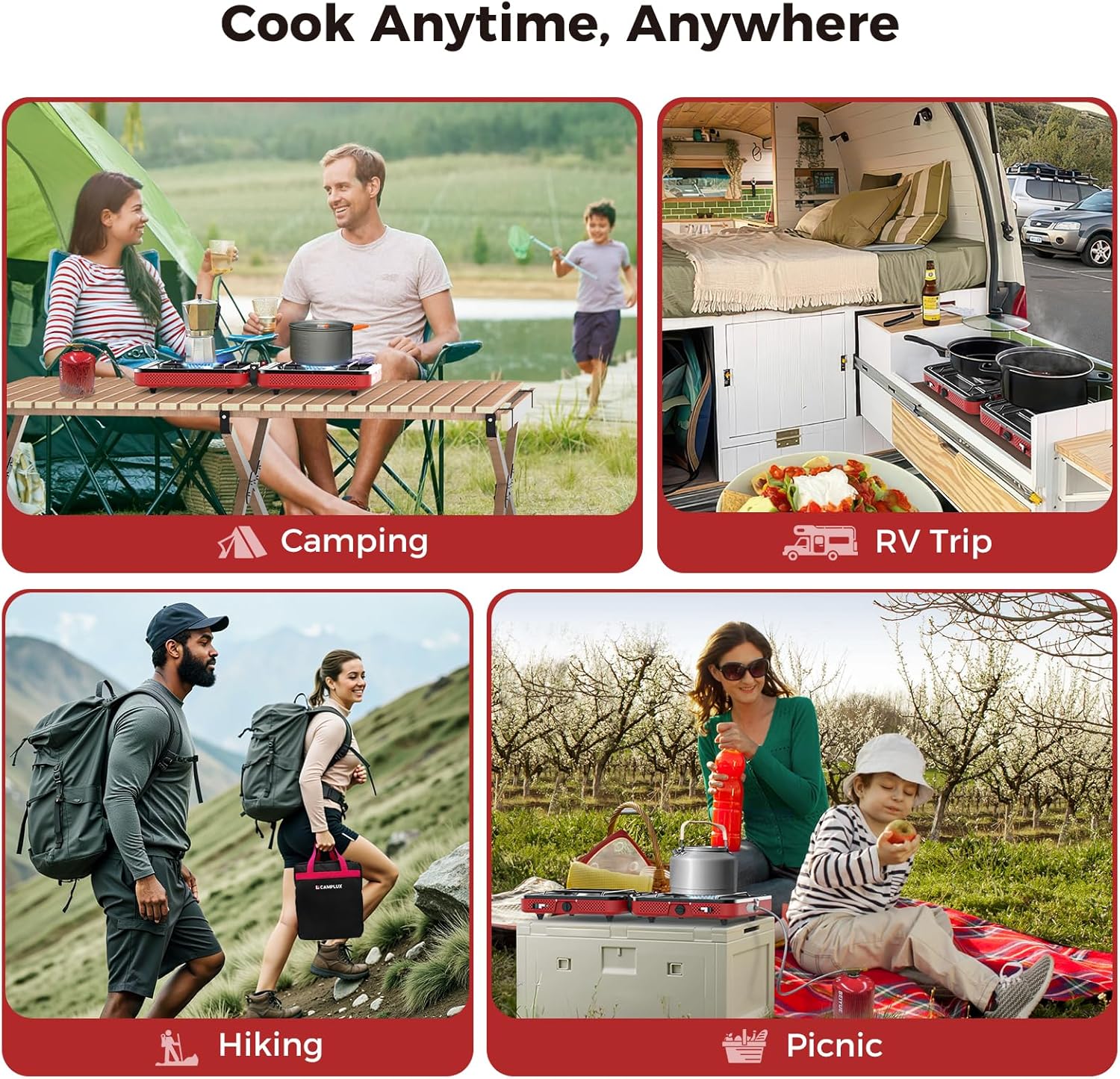 CAMPLUX FoldGo Campingkocher 2 Brenner, tragbarer Gaskocher mit Griff für Schraub-Gaskanister, ideal für Camping, Wandern, Picknick