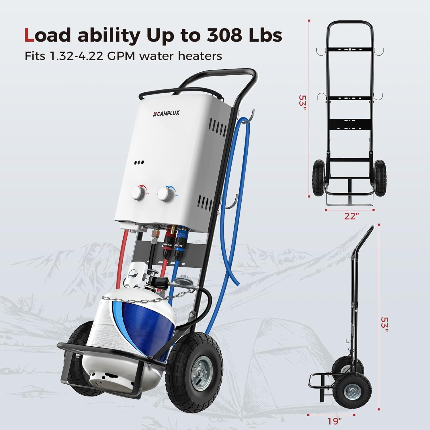 CAMPLUX Mobiler Gasflaschenwagen für Gasdurchlauferhitzer, Schwerlast-Sackkarre aus Stahl mit 26 cm (10”) Pneumatikreifen, Ideal für Camping, Haustierpflege & Außenbereich, D52