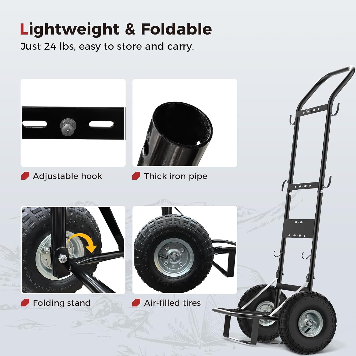 CAMPLUX Mobiler Gasflaschenwagen für Gasdurchlauferhitzer, Schwerlast-Sackkarre aus Stahl mit 26 cm (10”) Pneumatikreifen, Ideal für Camping, Haustierpflege & Außenbereich, D52