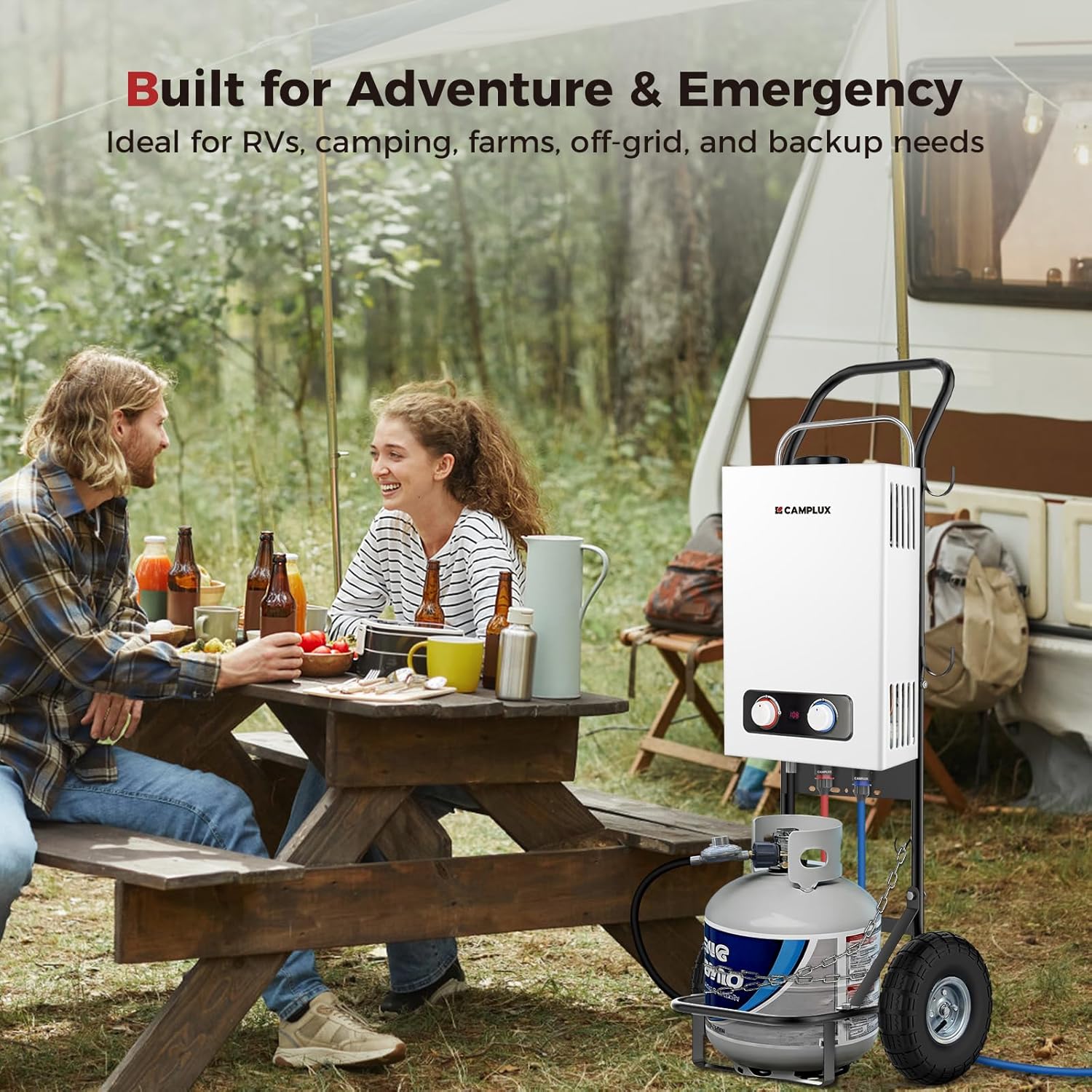 CAMPLUX Mobiler Gasflaschenwagen für Gasdurchlauferhitzer, Schwerlast-Sackkarre aus Stahl mit 26 cm (10”) Pneumatikreifen, Ideal für Camping, Haustierpflege & Außenbereich, D52