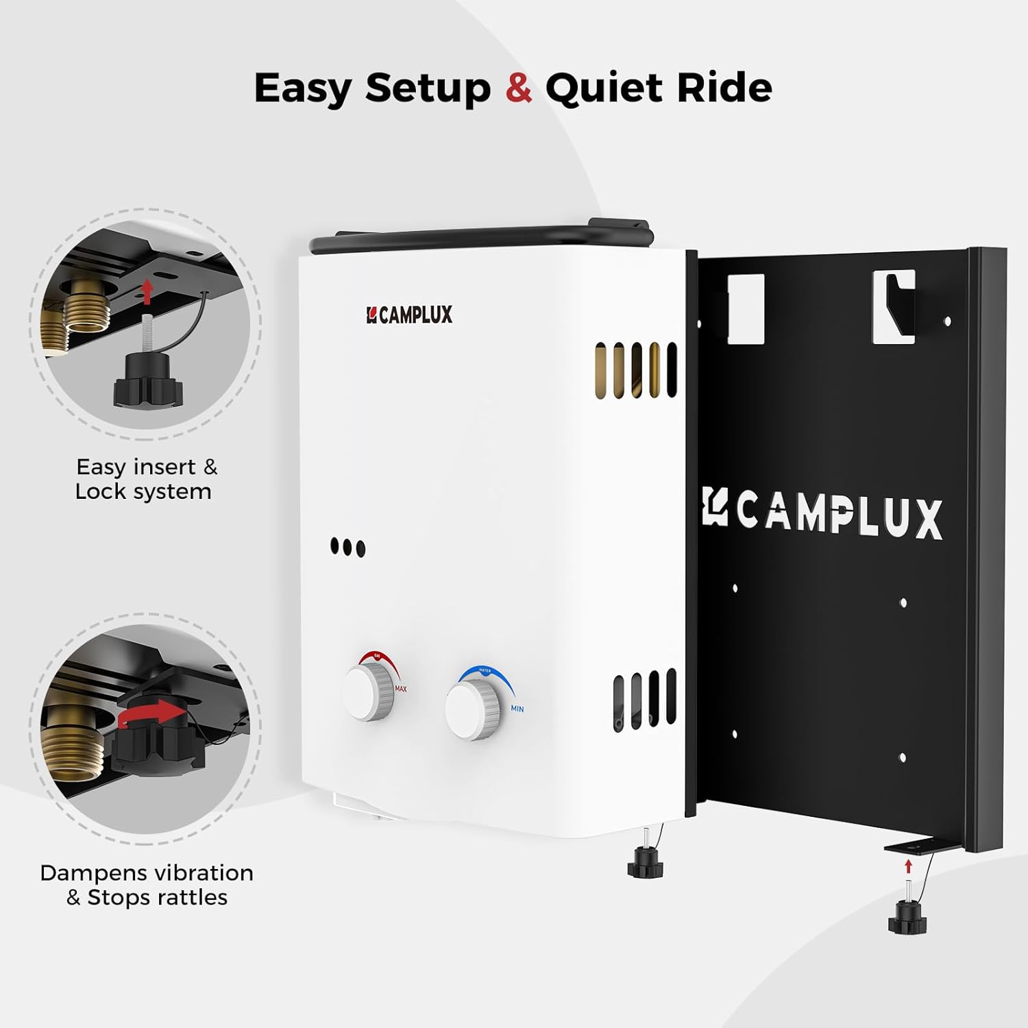 CAMPLUX Schnellspann-Halterung für AY132 tragbaren Warmwasserbereiter, robuste Stahlhalterung mit Anti-Vibrations-Pads, werkzeuglose Einrichtung für Wohnmobil, Anhänger, Wohnmobil und Garage