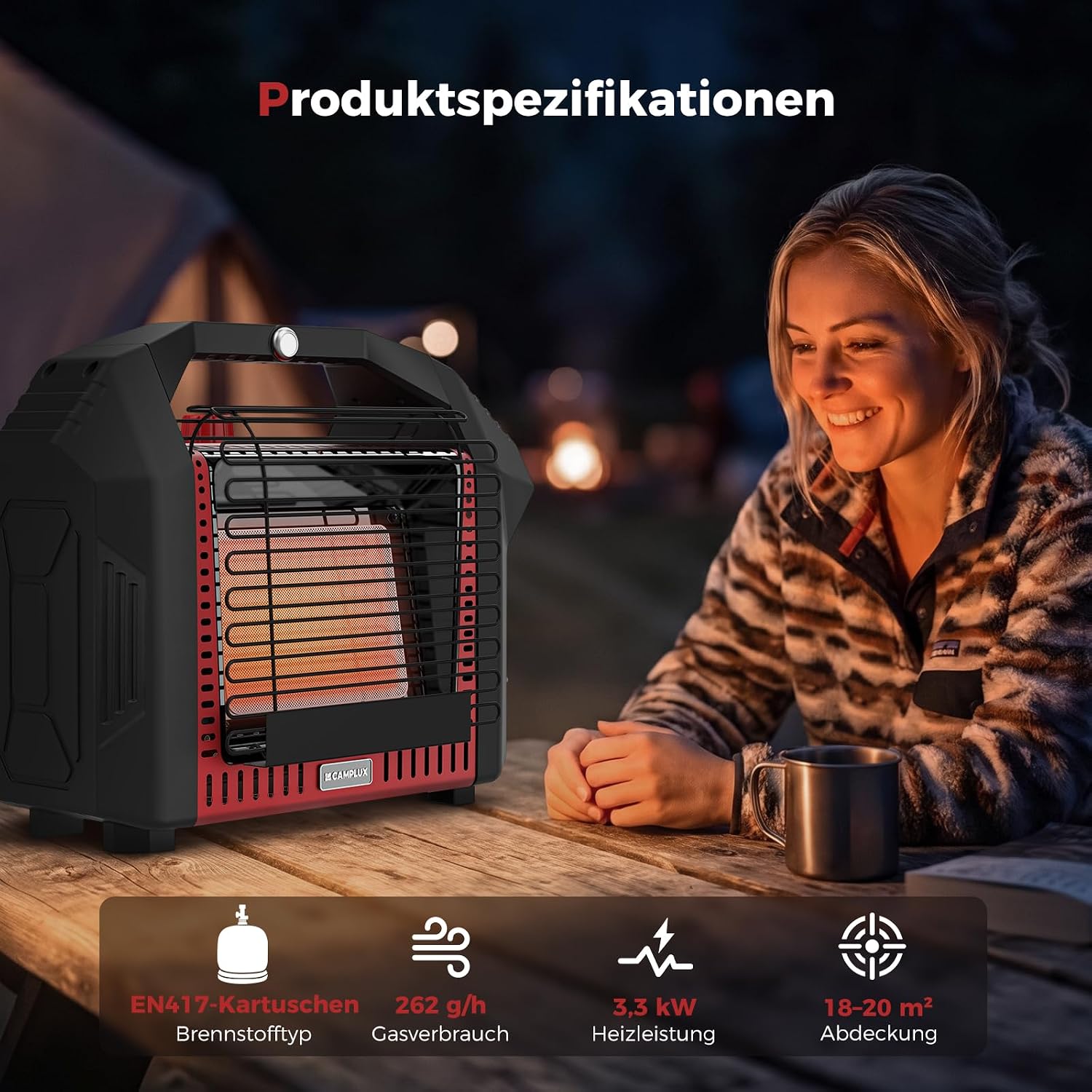 CAMPLUX BH1201B Tragbarer Gasheizer 3,6 kW mit ODS und Kippschutz