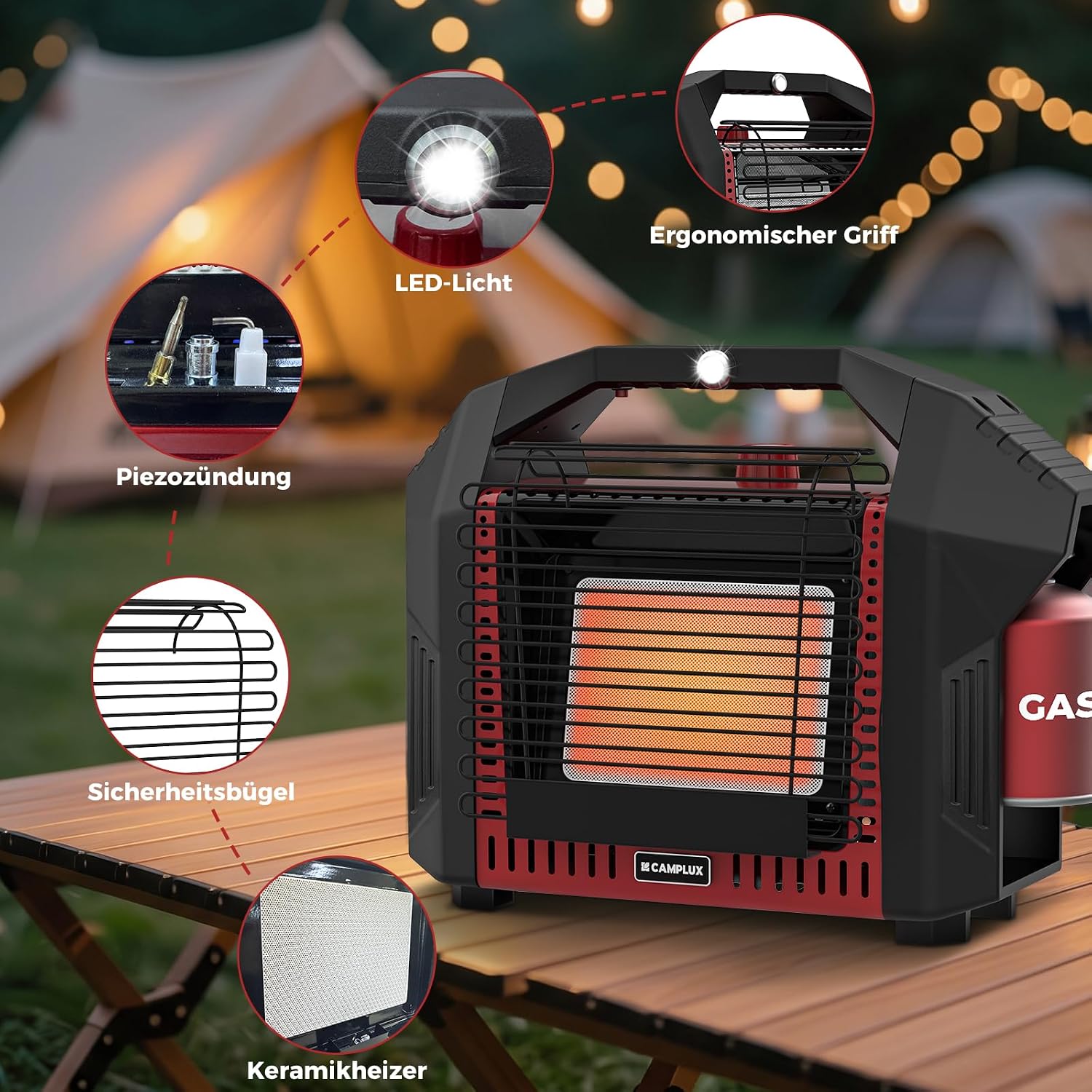CAMPLUX BH1201B Tragbarer Gasheizer 3,6 kW mit ODS und Kippschutz