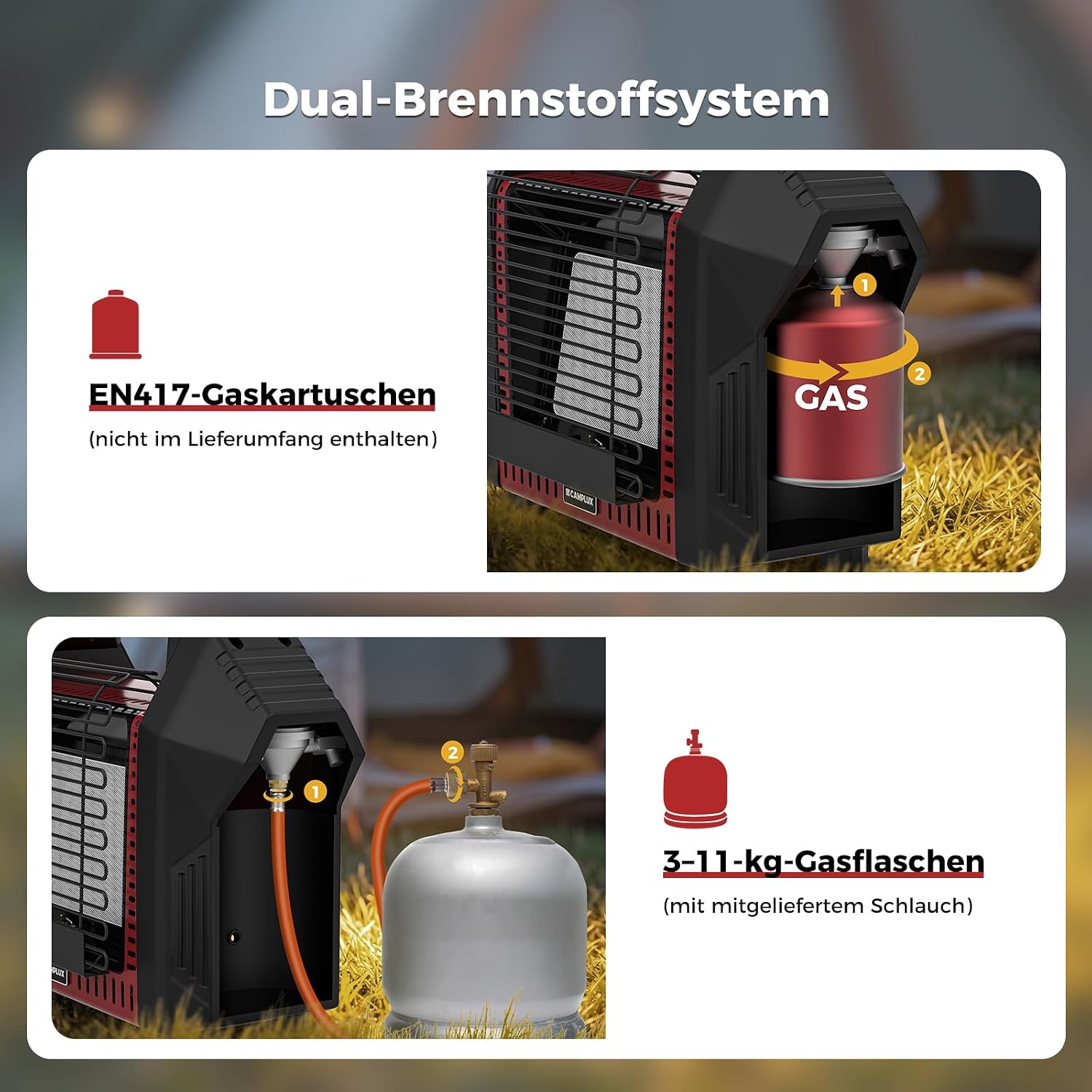 CAMPLUX BH1201B Tragbarer Gasheizer 3,6 kW mit ODS und Kippschutz