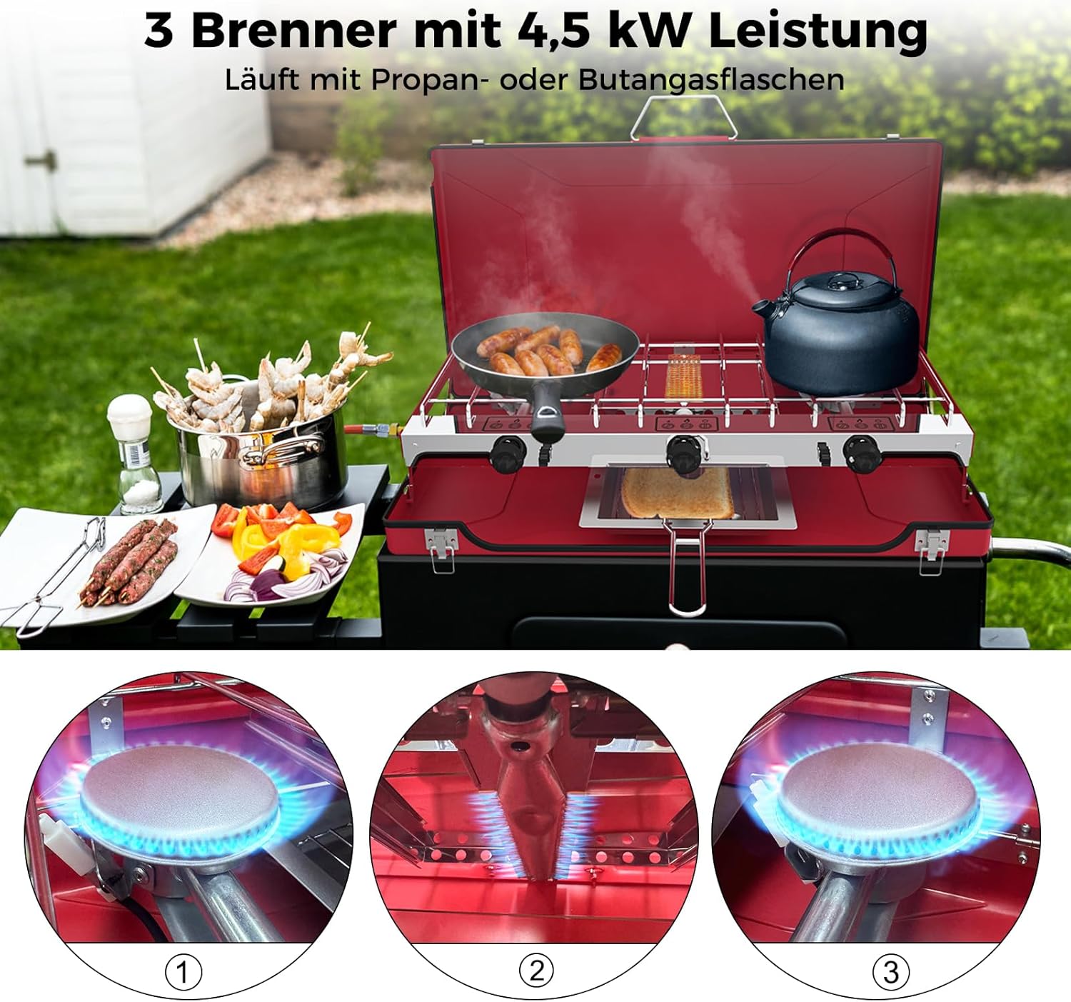 Réchaud de camping Camplux avec 3 brûleurs, coupe-vent, portable pour l'extérieur et le camping