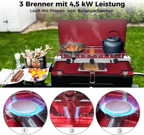 Réchaud de camping Camplux avec 3 brûleurs, coupe-vent, portable pour l'extérieur et le camping